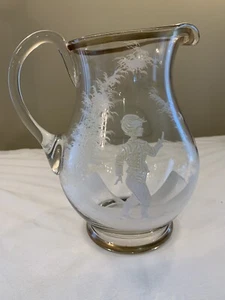 Vintage Mary Gregory Handled water Pitcher clear glass gold trim Boy 9 inches - Picture 1 of 8