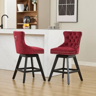 Set of 2 25.9" H Swivel Velvet Barstools Button Tufted Pub Bar Chairs Wine Red - Image 1 of 4