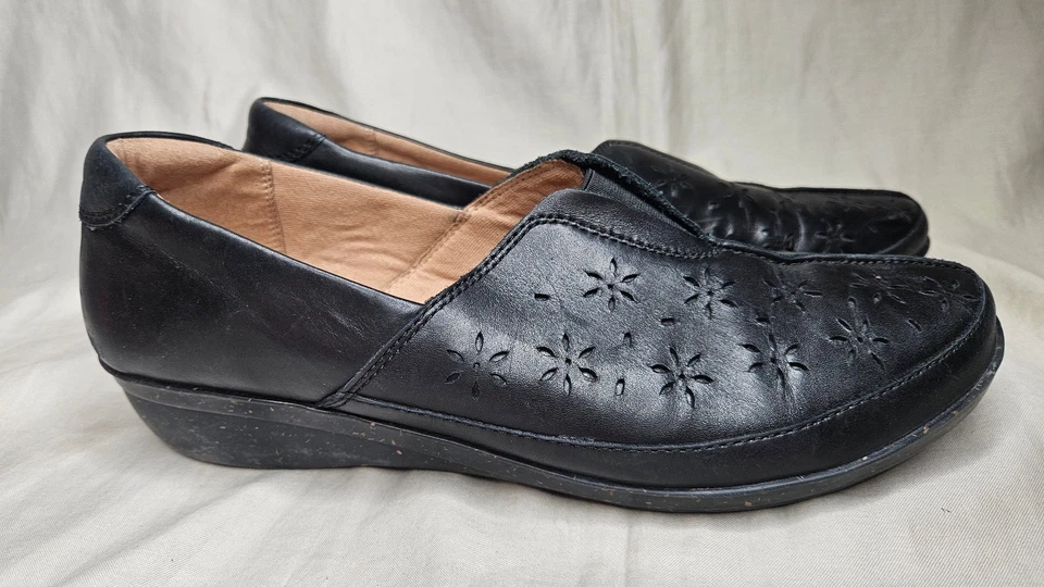 Zapatos de cuña Clarks sin cordones para mujer talla 11 anchos de cuero negro punta redonda cómodos Foto 1 de 4