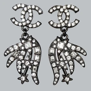 Chanel Strass Crystal CC Earrings Dangle Wing Shiny Ruthenium Post Earrings A18B - Picture 1 of 10