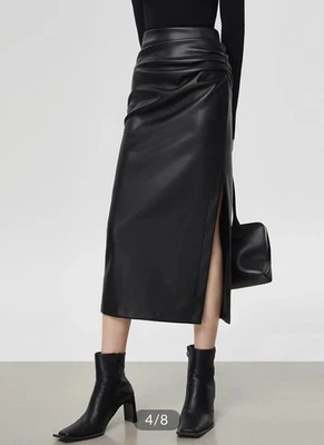 Commensa Falda Midi Negra Imitación Cuero Cintura Alta Abertura Larga Falda Lápiz Talla M Foto 1 de 4