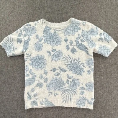 Suéter Rachel ZOE Difuso Pequeño Blanco Azul Mangas Cortas Cuello Redondo Elástico Foto 1 de 4