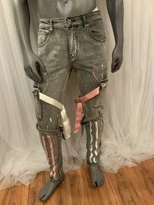 Denium City Men’s Skinny Jeans Grey Stonewashed Paint Splatter With Buckles 36 - Picture 1 of 20