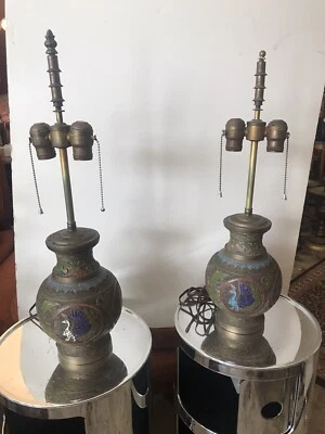 Pair Of Antique Asian Champleve  Bronze-Brass Lamps Enamel - Image 1 of 4