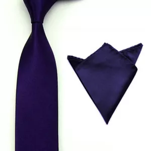 Men Solid Satin Skinny Necktie Pocket Square Slim Tie Hanky Handkerchief Set - Picture 1 of 23
