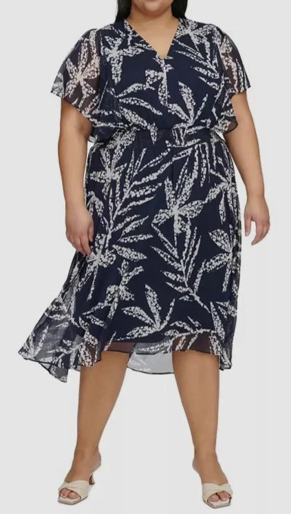 DKNY Women's Blue Floral Crinkle-Chiffon Smocked Midi Dress Plus Size 20W