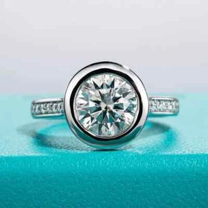 1.88 TCW Round Cut Moissanite Bezel Set Engagement Ring in 14K White Gold Plated - Picture 1 of 11