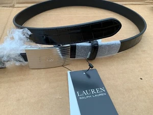 Lauren Ralph Lauren Womens Engine Turned Buckle Croc Leather Belt XS Black New - Picture 1 of 6