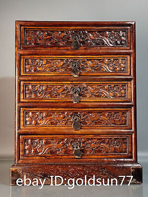 11.1”Old Chinese Huanghuali Wood  Relief Flowers Birds Pattern Drawer Cabinet • 439.52$
