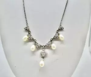PEARL & RHINESTONE STERLING SILVER DANGLE NECKLACE 16-18 INCH - Picture 1 of 5