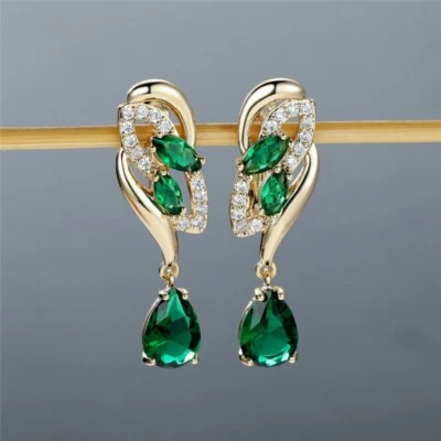 2.10Ct Pear Cut Lab-Created Emerald Drop/Dangle Earrings 14K Yellow Gold Plated - Image 1 of 4