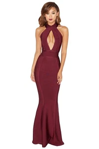 House of CB Ricadonna Dress XS Burgundy Ribbed Bandage Maxi Halter Keyhole - Picture 1 of 15