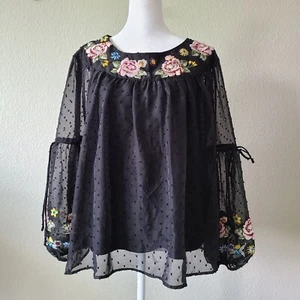 Altar'd State Boho Embroidered Blouse Sz Medium Sheer Swiss Dots Bell Sleeves - Picture 1 of 14