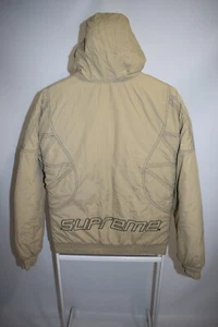Supreme Zig Zag Stitch Hooded Puffy Jacket Beige Zip UP Logo Pockets Men's Sz S - Picture 1 of 15