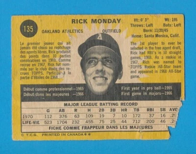 POOR OPC RICK MONDAY 1971 O-PEE-CHEE #135 LOW GRADE CANADIAN FILLER *TPHLC-9543 - Image 1 of 2