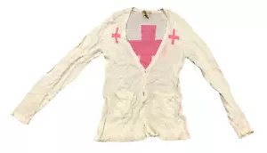 Wildfox Sweater White Label Cardigan Women's Size Medium Cream Cross Long Sleeve - Picture 1 of 7