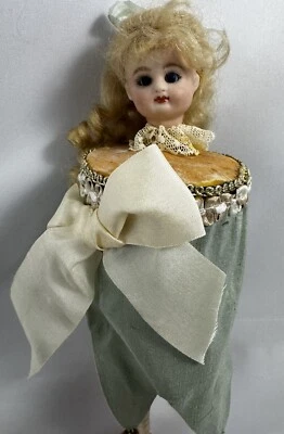 Artist Made Musical Marotte Doll Porcelain Head Key Wind Toy Silk Lace 13 IN - Image 1 of 4