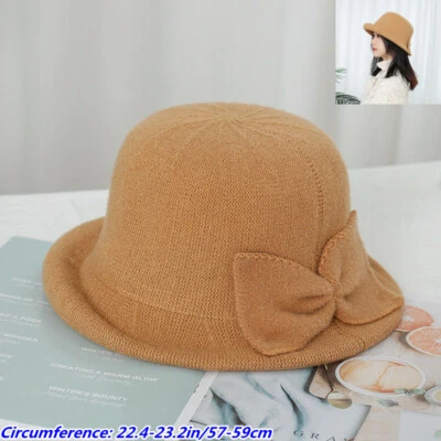 Women Knit Bowknot Cloche Hats Bucket Hat Vintage Derby Hat Foldable Autumn — 第 1/4 张图片