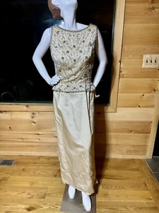 1950’s, 1960’s BEADED EVENING GOWN Vintage, Champagne Satin, Silver Beading.! - Picture 1 of 13