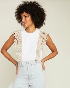 BNWT VERONICA BEARD LOVELY JADI EYELET RUFFLE TEE TOP COTTON WHITE KHAKI LARGE - Picture 1 of 12