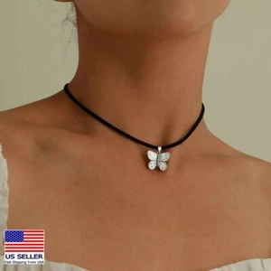 Women Jewelry Necklace Simple Black Flannel Rope Butterfly Choker Pendant 1105 - Picture 1 of 2