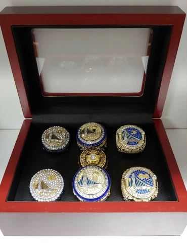 Golden State Warriors - Championship 7 Ring Set W Wood Box. Curry Thompson Barry Cover