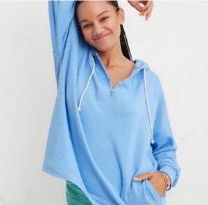 Felpa con cappuccio pullover collo bottoni Henley blu oversize Aerie donna S Terry - Foto 1 di 8