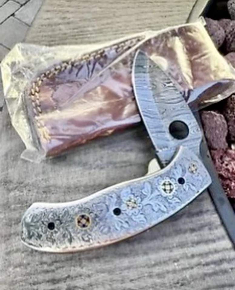Hand Scrolled one of a kind Damascus, Pocket Knife . - Image 1 of 1