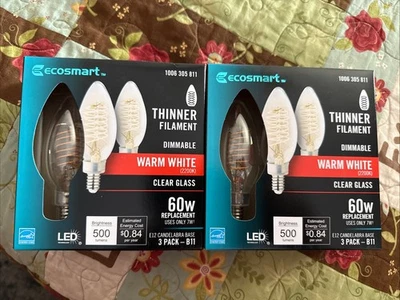 EcoSmart 60 Watt LED B11 Dimmable E12 Candelabra Light BulbWARM WHITE (2 BOXES) - Image 1 of 2