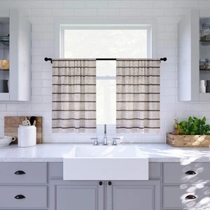 Twill Stripe Allergy/Pet Friendly Anti 52 x 36 Mocha/Linen Cafe Curtain Pair - Picture 1 of 7