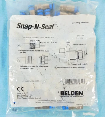 BAG OF 50 - SNS1P6 Snap-N-Seal RG6 Coax Connector Belden Coax Cable Compression - Image 1 of 4