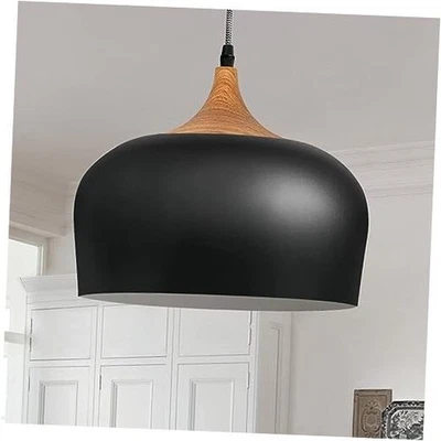 Modern Black Pendant Light, Wooden Dome Industrial Style Black-Wood Grain - Image 1 of 4