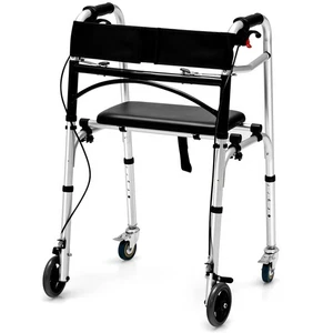 2-Button Folding Walker Height Adjustable Walking Aid with Seat 4 Wheels Brakes - Bild 1 von 9