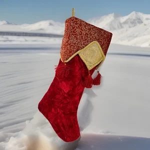 Rot und Gold Weihnachtsstrumpf mit Goldrand rote Quasten Gobelin Velours - Bild 1 von 12
