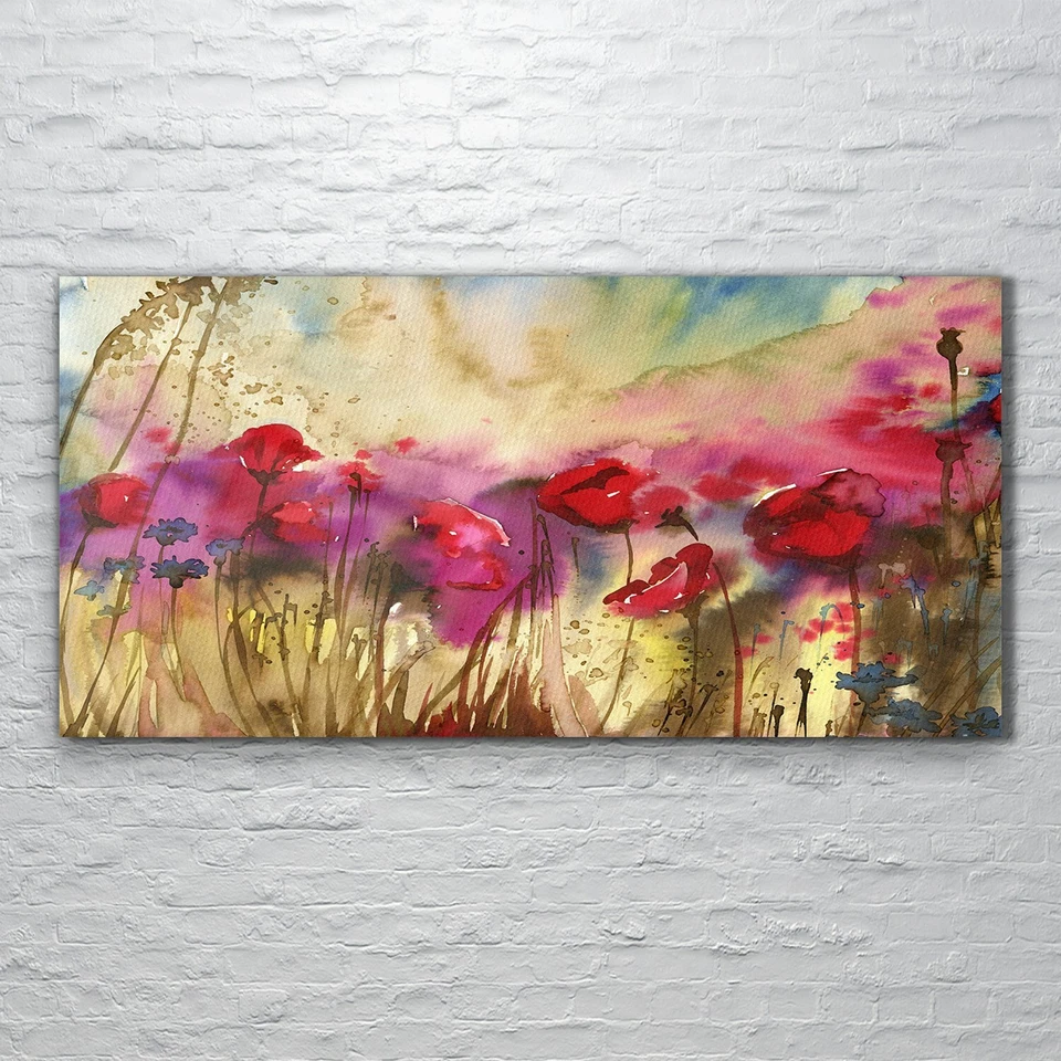 Wandbilder Glasbild Druck auf Glas 120x60 Aquarellbilder Mohnblumen Kornblumen - Bild 1 von 4