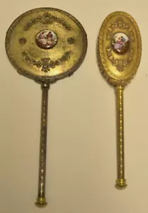 "VINTAGE - SPECCHIO E PENNELLO PALMARE VANITY TONO ORO - ""RARO" - Foto 1 di 14