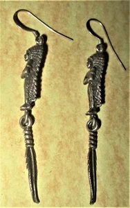 VINTAGE 1960'S INDIAN CHIEF & FEATHER STERLING PIERCED EARRINGS - CALIFORNIA - Picture 1 of 4