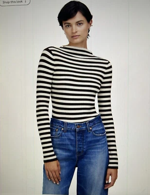 MADEWELL Mock-neck Sweater in Stripe Long Sleeves Dark Carob/Ivory Combo Sz XXS - Imagem 1 de 4