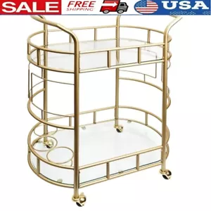 2-Tier Metal Bar Cart W/ Rolling Casters Wine Bottle Holder Serving Cart Gold - Picture 1 of 9