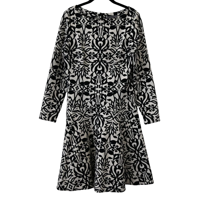 Lela Rose Fit and Flare Dress Size 10 Black White Damask Long Sleeve Boat Neck - Image 1 of 4