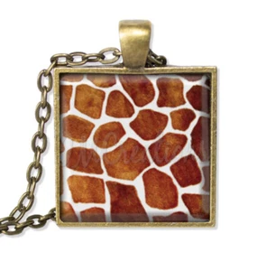 Giraffe Animal Print Pattern Motif Handmade Square Glass Pendant Necklace 25mm - Picture 1 of 9
