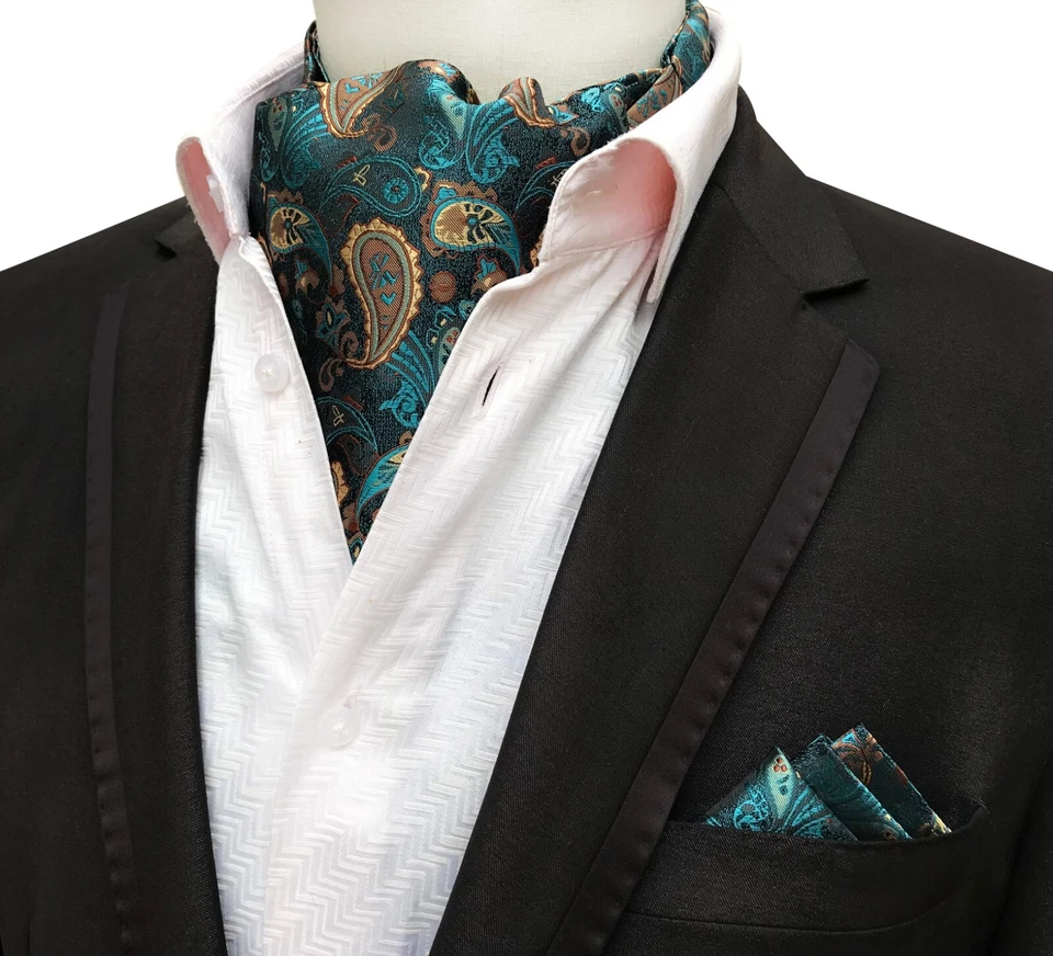 Classic Men's Ascot Cravat Tie Silk Paisley Green Brown  Scarf Cravat Hanky Set - Image 1 of 1