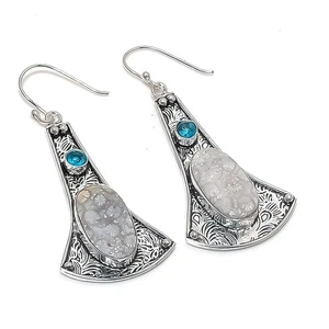 Fossil Coral, Blue Topaz Gemstone 925 Sterling Silver Jewelry Earring 2.68" - Picture 1 of 5