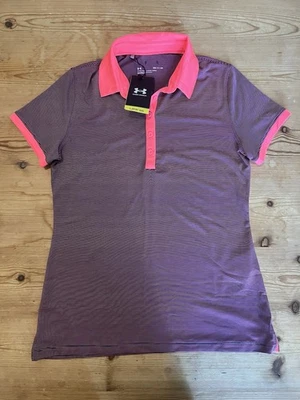 Polo Under Armour para mujer rosa y púrpura a rayas con botones talla pequeña Foto 1 de 4