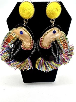 Exotic Bird Handmade Earrings With Tassels - Image 1 of 4