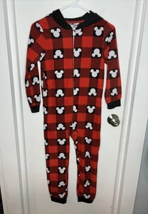 Disney 100 Yr Mickey Mouse Ears Red 1 Piece Pajamas Full Zip Fleece Kids M 8-10 - Picture 1 of 4
