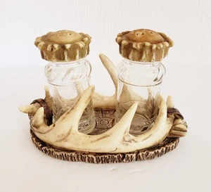 Resin Deer Antler Salt & Pepper Shaker Set With Base Country Cabin Rustic Decor - Picture 1 of 11