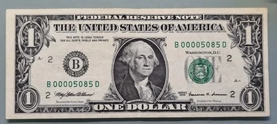 1999 One Dollar Federal Reserve Note $1 LOW SERIAL NUMBER B00005085D #96371 - Image 1 of 2