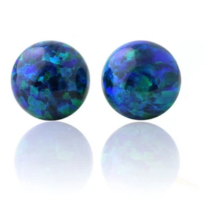 14K SOLID YELLOW Or WHITE GOLD ROUND CUT BLUE GREEN FIERY OPAL STUD EARRINGS - Picture 1 of 1