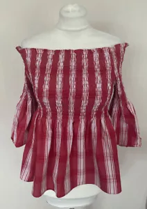 Zara Red White Stripe Check Smocked Peasant Off the Shoulder Top Size M UK 10 - Picture 1 of 6